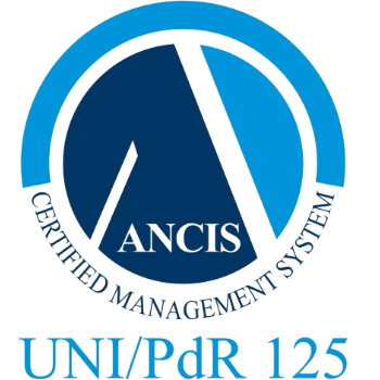 Un logo circolare blu e bianco con il testo ANCIS al centro. Intorno al cerchio, la scritta SISTEMA DI GESTIONE CERTIFICATO. Sotto il logo, la scritta UNI/PdR 125 in caratteri blu.