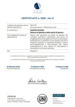 Un certificato del sistema di gestione della parità di genere di ANCIS Srl, rilasciato alla Salus Srl di Verona, Italia, che attesta la conformità alla norma UNI/PdR 125:2022, valido dal 10 febbraio 2025 al 9 febbraio 2028.