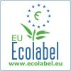 Logo dell'Ecolabel UE con foglie verdi, testo blu che recita "Ecolabel UE", un cerchio di stelle dell'UE e il sito web "www.ecolabel.eu" in verde nella parte inferiore.