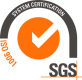 Logo della certificazione di sistema ISO 9001 con un segno di spunta arancione all'interno di un cerchio, un arco grigio con la dicitura CERTIFICAZIONE DI SISTEMA e il testo SGS in basso a destra.