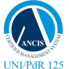Un logo circolare blu e bianco con il testo ANCIS al centro. Intorno al cerchio, la scritta SISTEMA DI GESTIONE CERTIFICATO. Sotto il logo, la scritta UNI/PdR 125 in caratteri blu.